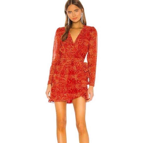 NBD Dresses & Skirts - NBD Structured Shoulder Fauna Wrap Dress Red Orange Snake Chiffon size Small